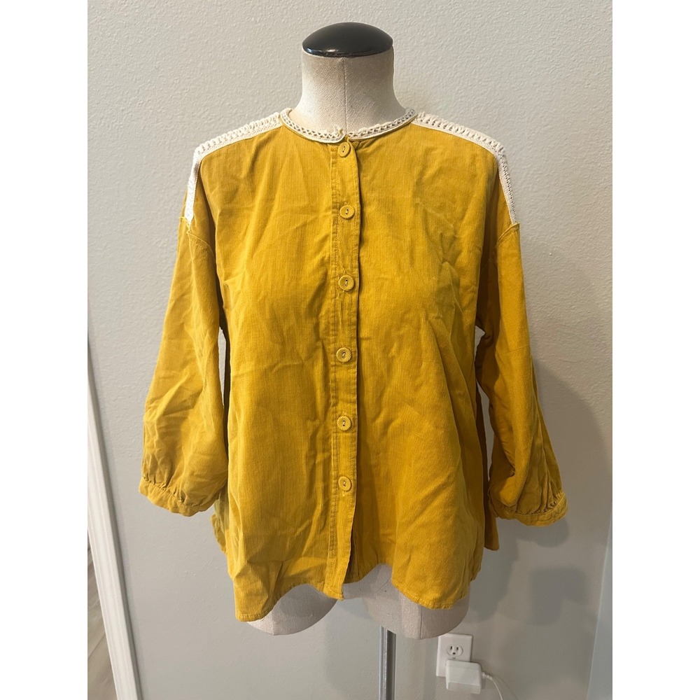 Zara Basic Womens Medium Mustard Corduroy Blouse Crochet Lace Boho Button Top